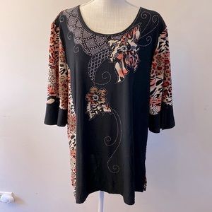 Simply Irresistible plus animal /floral print embellished front s/s ruffled 3X
